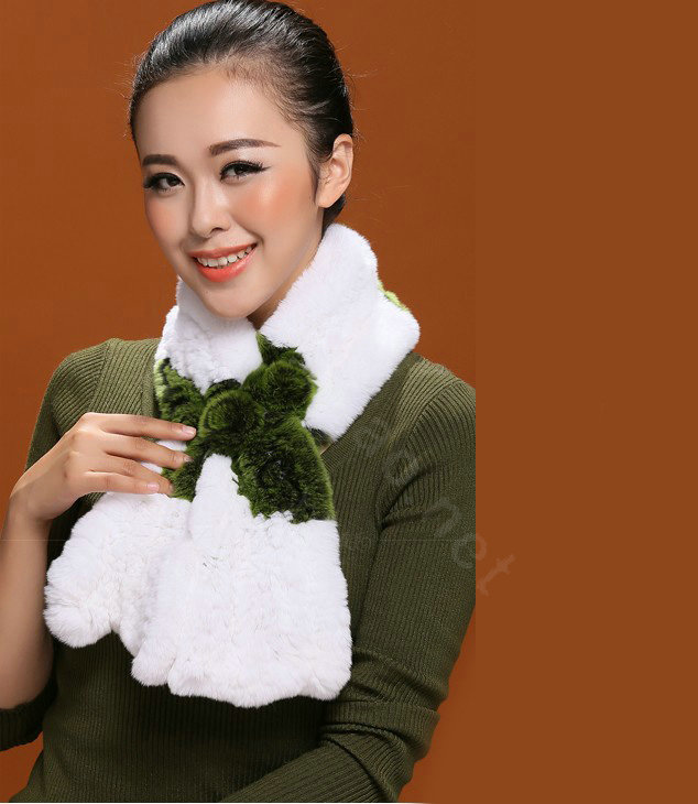Women Fashion Knitted Rex Rabbit Fur Scarves Flower Winter Warm Scarf Wraps - White Green