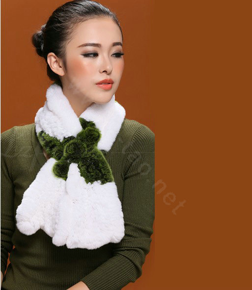 Women Fashion Knitted Rex Rabbit Fur Scarves Flower Winter Warm Scarf Wraps - White Green