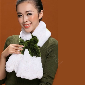 Women Fashion Knitted Rex Rabbit Fur Scarves Flower Winter Warm Scarf Wraps - White Green