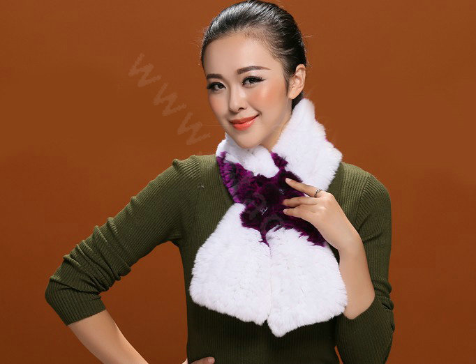 Women Fashion Knitted Rex Rabbit Fur Scarves Flower Winter Warm Scarf Wraps - White Purple