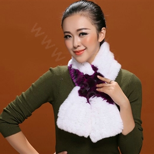 Women Fashion Knitted Rex Rabbit Fur Scarves Flower Winter Warm Scarf Wraps - White Purple
