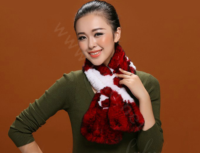 Women Fashion Knitted Rex Rabbit Fur Scarves Flower Winter Warm Scarf Wraps - White Red