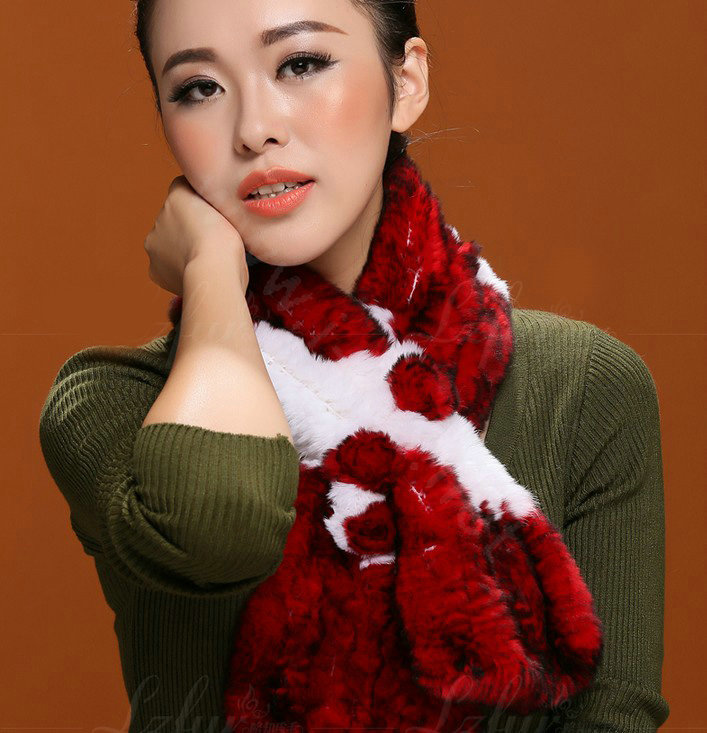 Women Fashion Knitted Rex Rabbit Fur Scarves Flower Winter Warm Scarf Wraps - White Red