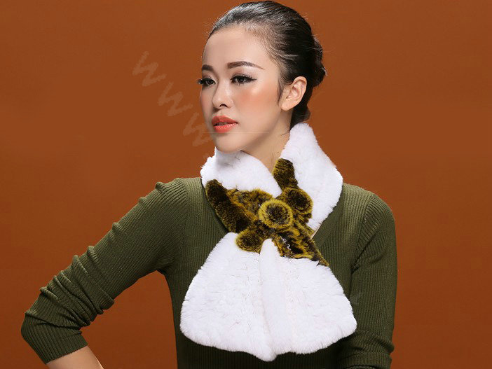 Women Fashion Knitted Rex Rabbit Fur Scarves Flower Winter Warm Scarf Wraps - White Yellow