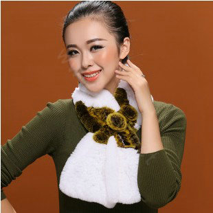 Women Fashion Knitted Rex Rabbit Fur Scarves Flower Winter Warm Scarf Wraps - White Yellow