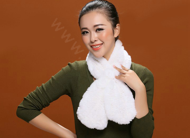 Women Fashion Knitted Rex Rabbit Fur Scarves Flower Winter Warm Scarf Wraps - White