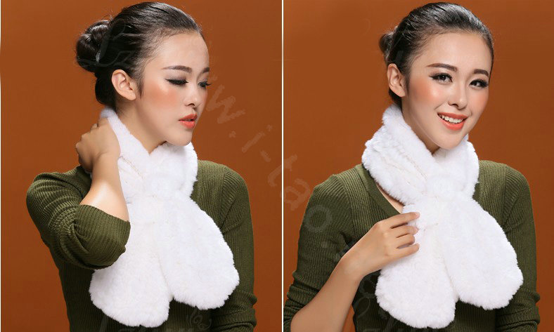 Women Fashion Knitted Rex Rabbit Fur Scarves Flower Winter Warm Scarf Wraps - White