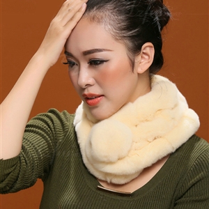 Women Fashion Knitted Rex Rabbit Fur Scarves Winter Warm Thicken Scarf Wraps - Beige