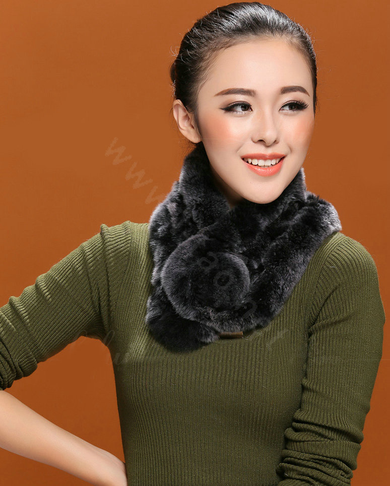 Women Fashion Knitted Rex Rabbit Fur Scarves Winter Warm Thicken Scarf Wraps - Black Grey