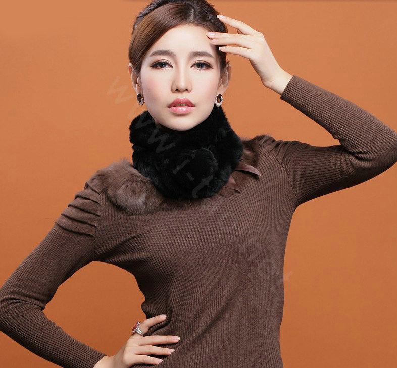Women Fashion Knitted Rex Rabbit Fur Scarves Winter Warm Thicken Scarf Wraps - Black