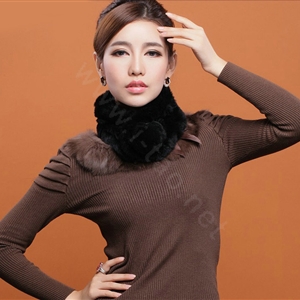 Women Fashion Knitted Rex Rabbit Fur Scarves Winter Warm Thicken Scarf Wraps - Black
