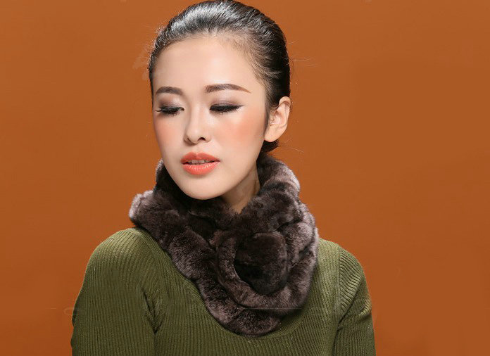 Women Fashion Knitted Rex Rabbit Fur Scarves Winter Warm Thicken Scarf Wraps - Coffee