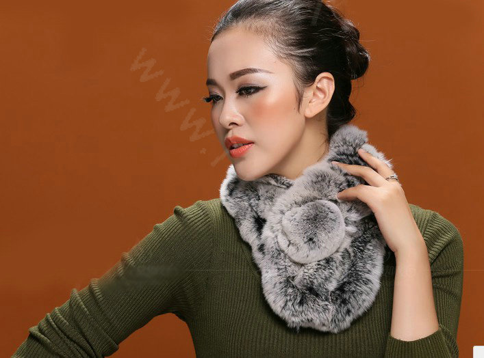 Women Fashion Knitted Rex Rabbit Fur Scarves Winter Warm Thicken Scarf Wraps - Grey