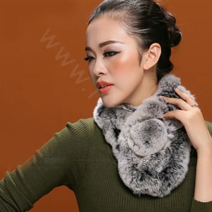 Women Fashion Knitted Rex Rabbit Fur Scarves Winter Warm Thicken Scarf Wraps - Grey