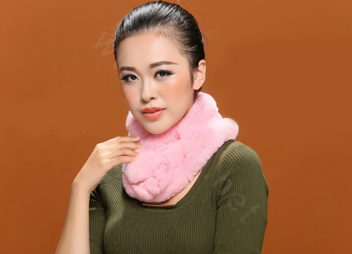 Women Fashion Knitted Rex Rabbit Fur Scarves Winter Warm Thicken Scarf Wraps - Pink