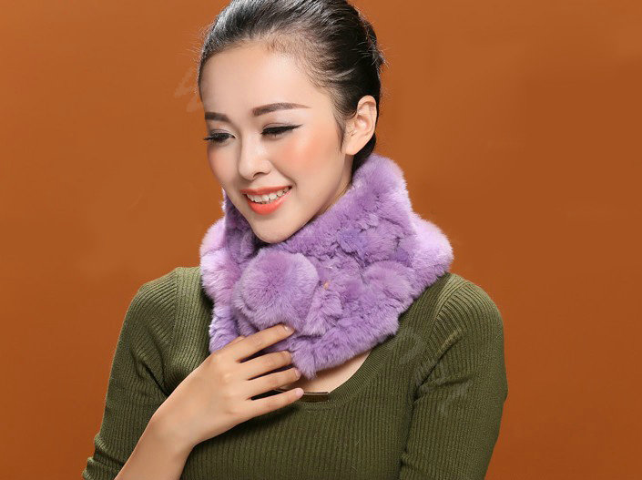 Women Fashion Knitted Rex Rabbit Fur Scarves Winter Warm Thicken Scarf Wraps - Purple