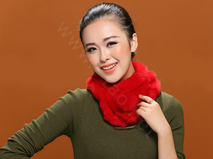 Women Fashion Knitted Rex Rabbit Fur Scarves Winter Warm Thicken Scarf Wraps - Red