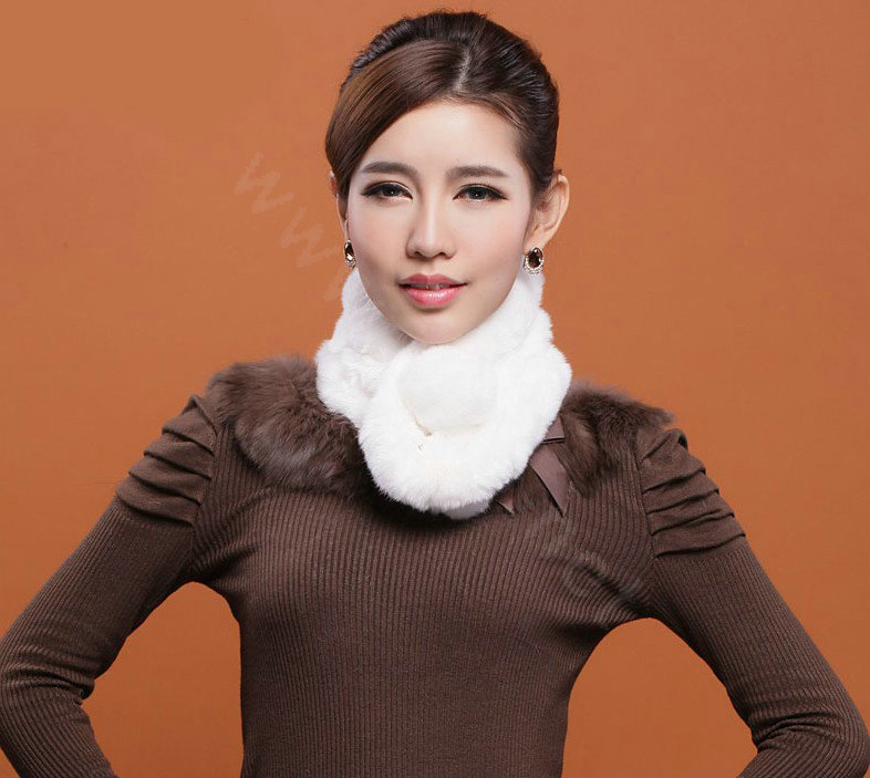 Women Fashion Knitted Rex Rabbit Fur Scarves Winter Warm Thicken Scarf Wraps - White