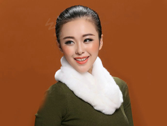 Women Fashion Knitted Rex Rabbit Fur Scarves Winter Warm Thicken Scarf Wraps - White