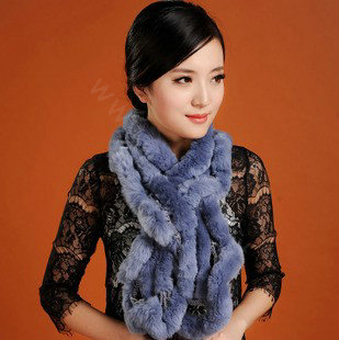 Women Fashion Knitted Rex Rabbit Fur Scarves Winter warm Wave Scarf Wraps - Blue