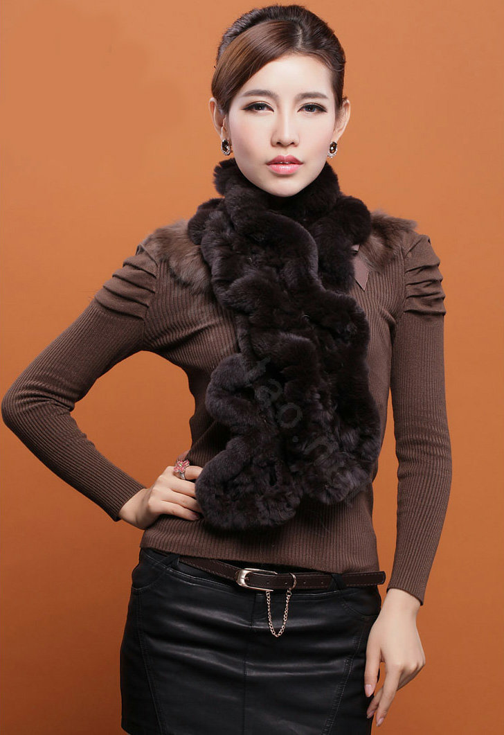 Women Fashion Knitted Rex Rabbit Fur Scarves Winter warm Wave Scarf Wraps - Coffee