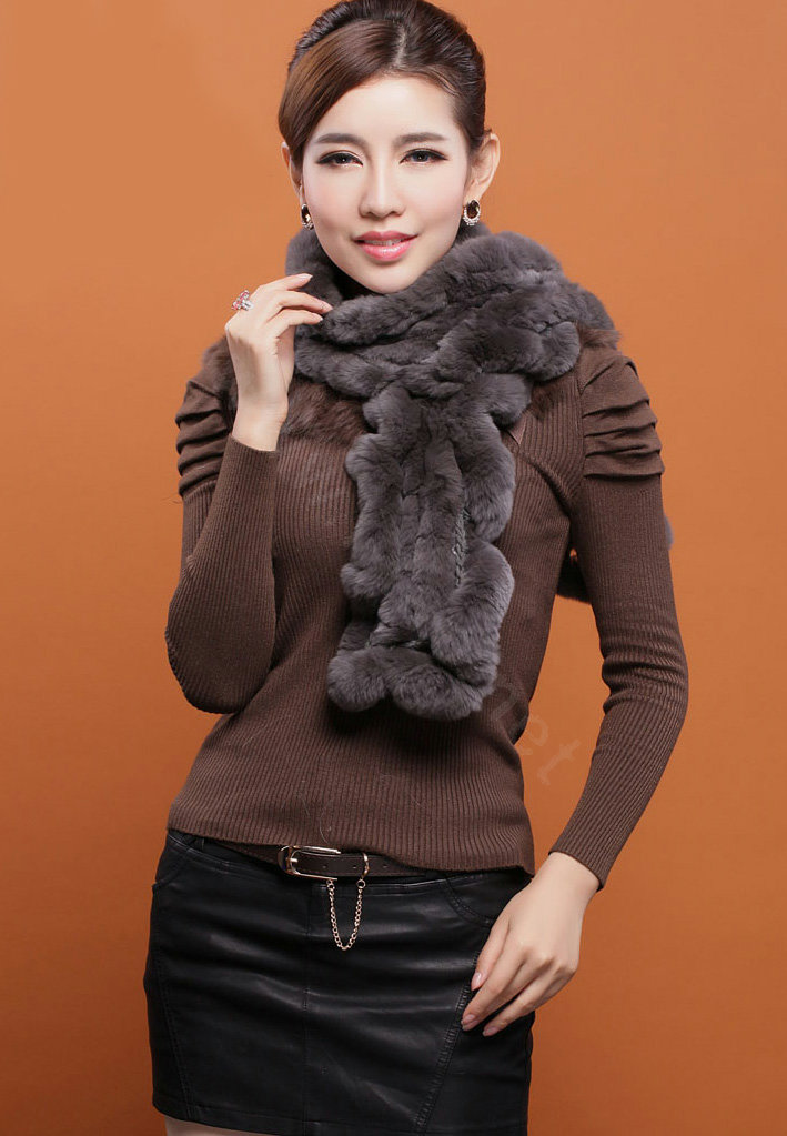Women Fashion Knitted Rex Rabbit Fur Scarves Winter warm Wave Scarf Wraps - Dark Grey