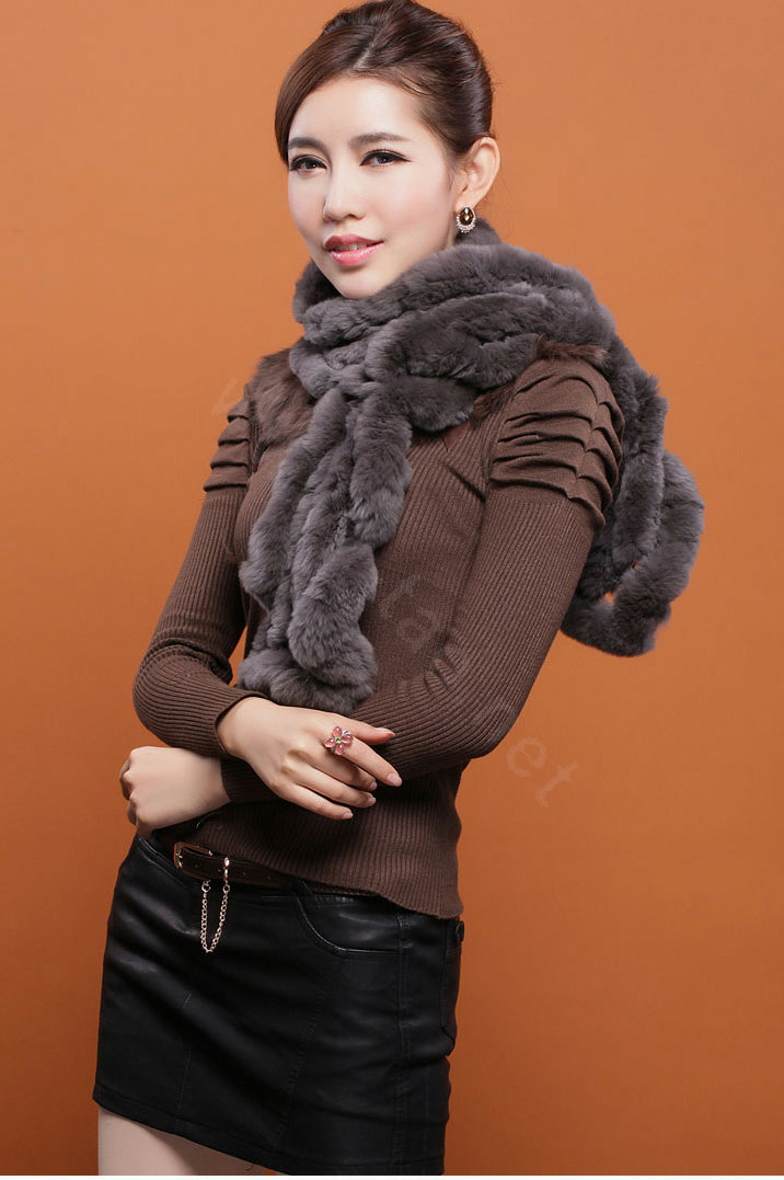 Women Fashion Knitted Rex Rabbit Fur Scarves Winter warm Wave Scarf Wraps - Dark Grey