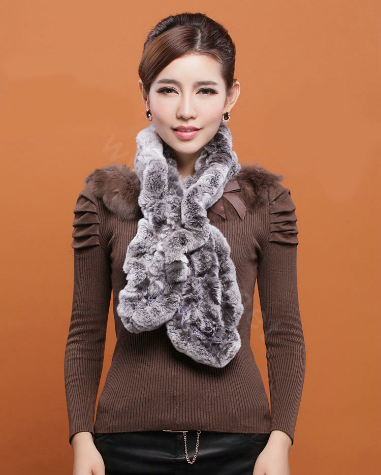Women Fashion Knitted Rex Rabbit Fur Scarves Winter warm Wave Scarf Wraps - Grey