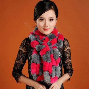 Women Fashion Knitted Rex Rabbit Fur Scarves Winter warm Wave Scarf Wraps - Rose Grey