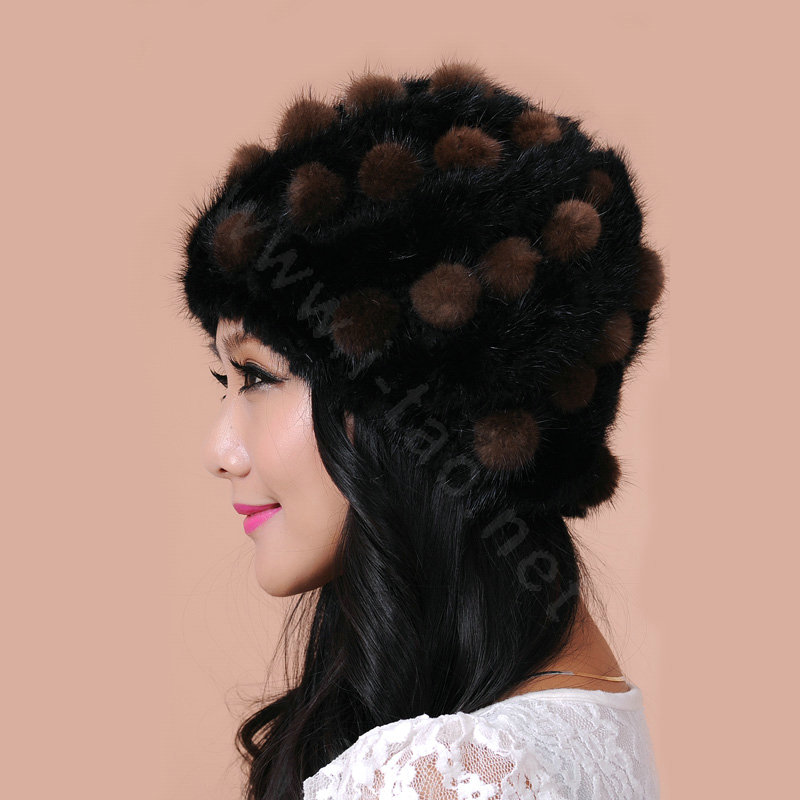 Women Knitted Mink hair Fur Hat Winter Warm Handmade Flower fur ball Caps - Black Brown