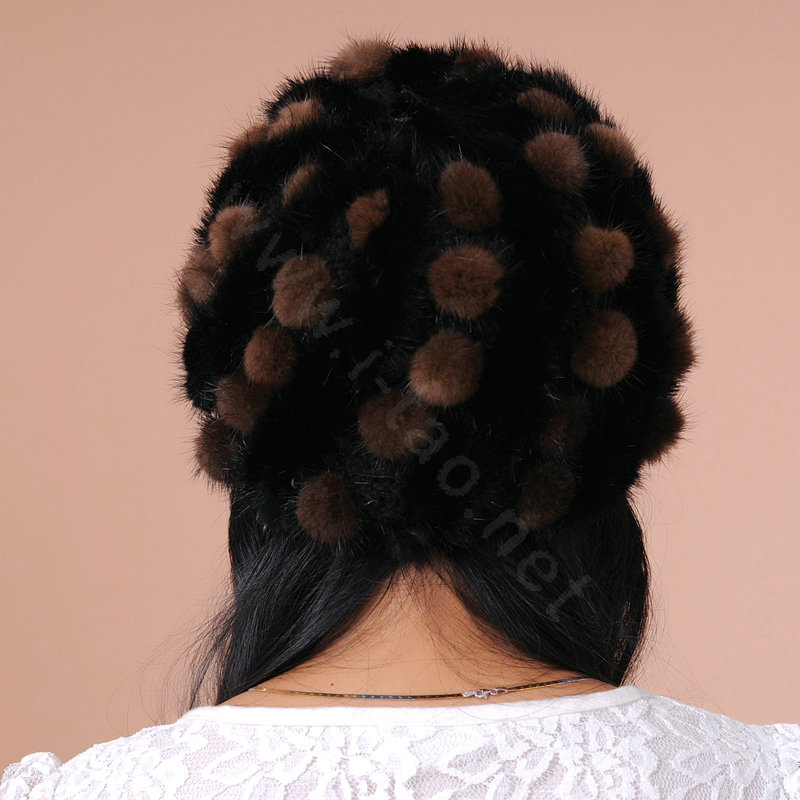 Women Knitted Mink hair Fur Hat Winter Warm Handmade Flower fur ball Caps - Black Brown