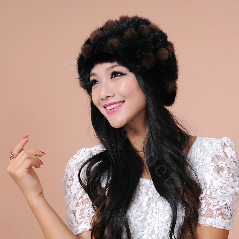 Women Knitted Mink hair Fur Hat Winter Warm Handmade Flower fur ball Caps - Black Brown