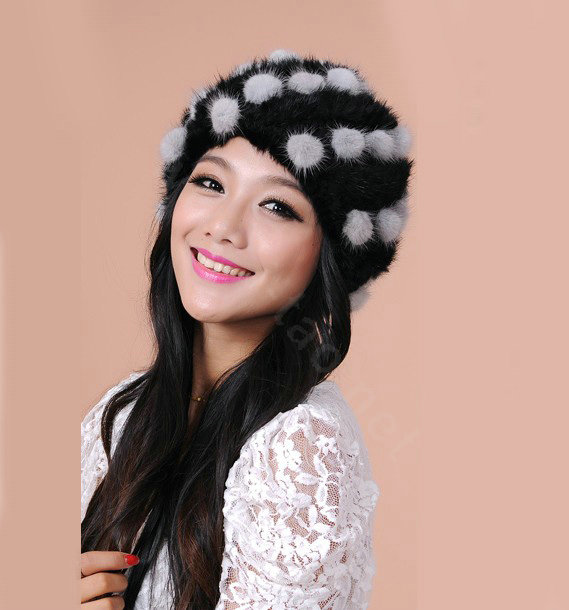 Women Knitted Mink hair Fur Hat Winter Warm Handmade Flower fur ball Caps - Black Grey