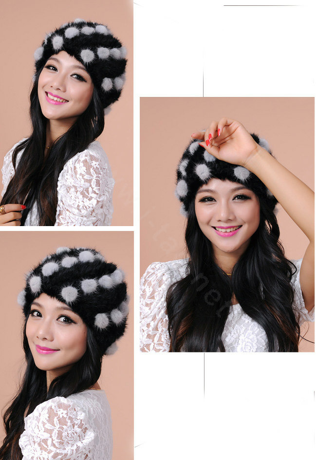 Women Knitted Mink hair Fur Hat Winter Warm Handmade Flower fur ball Caps - Black Grey