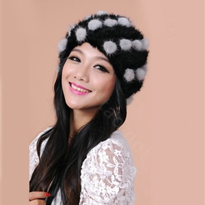 Women Knitted Mink hair Fur Hat Winter Warm Handmade Flower fur ball Caps - Black Grey
