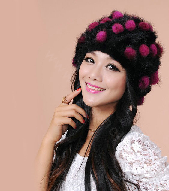 Women Knitted Mink hair Fur Hat Winter Warm Handmade Flower fur ball Caps - Black Rose