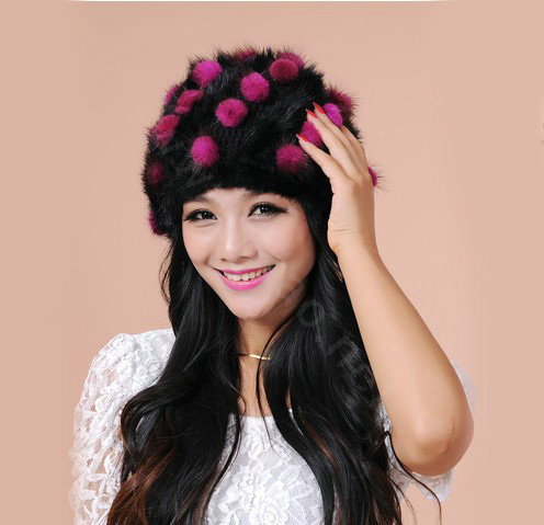 Women Knitted Mink hair Fur Hat Winter Warm Handmade Flower fur ball Caps - Black Rose