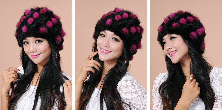 Women Knitted Mink hair Fur Hat Winter Warm Handmade Flower fur ball Caps - Black Rose