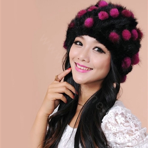 Women Knitted Mink hair Fur Hat Winter Warm Handmade Flower fur ball Caps - Black Rose