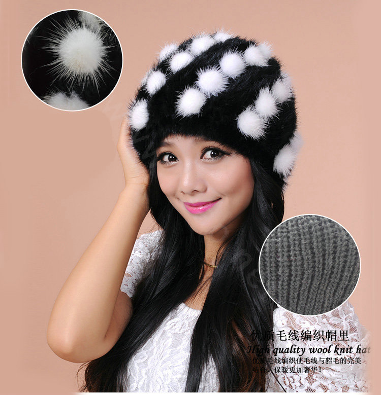 Women Knitted Mink hair Fur Hat Winter Warm Handmade Flower fur ball Caps - Black White