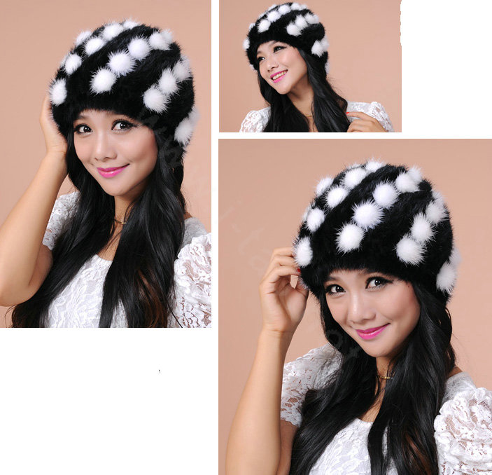 Women Knitted Mink hair Fur Hat Winter Warm Handmade Flower fur ball Caps - Black White