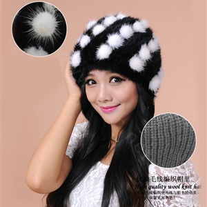 Women Knitted Mink hair Fur Hat Winter Warm Handmade Flower fur ball Caps - Black White