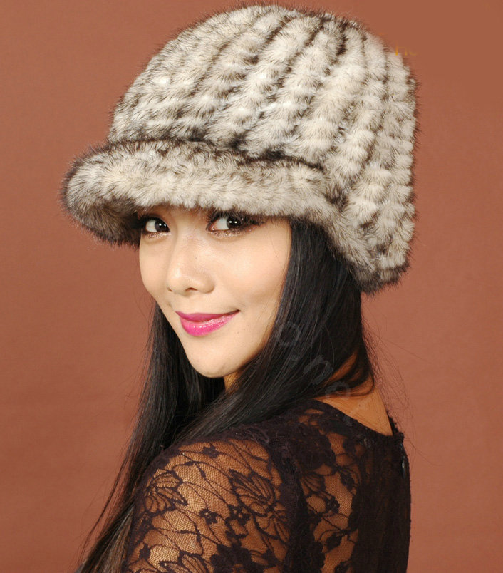 Women Knitted Mink hair Fur Hats Winter Warm Whole Leather Peaked Caps - Beige