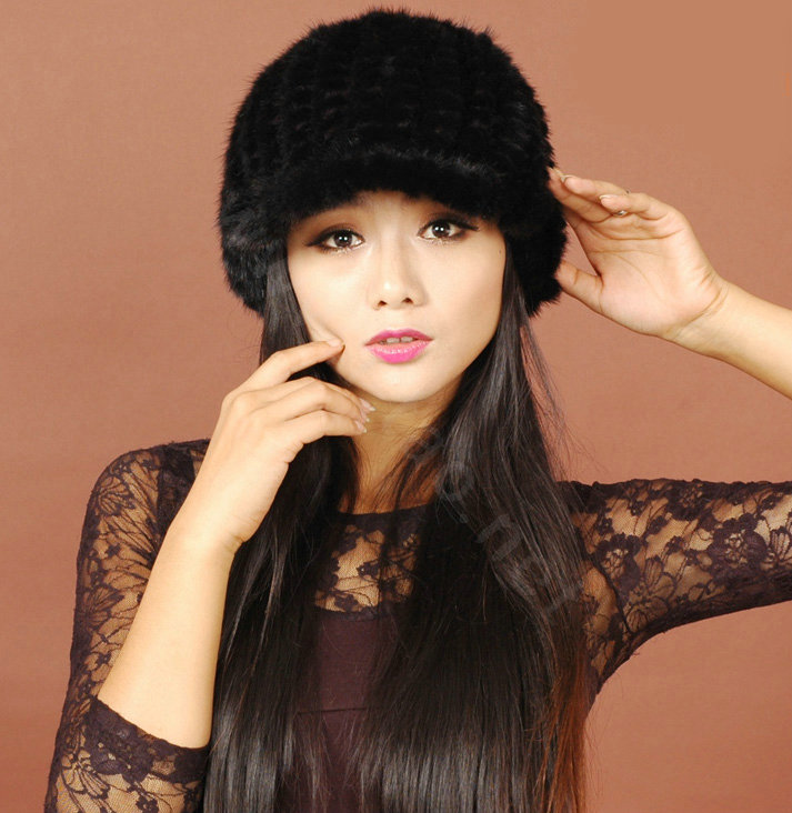 Women Knitted Mink hair Fur Hats Winter Warm Whole Leather Peaked Caps - Black