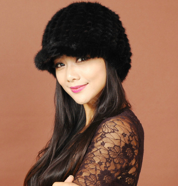 Women Knitted Mink hair Fur Hats Winter Warm Whole Leather Peaked Caps - Black