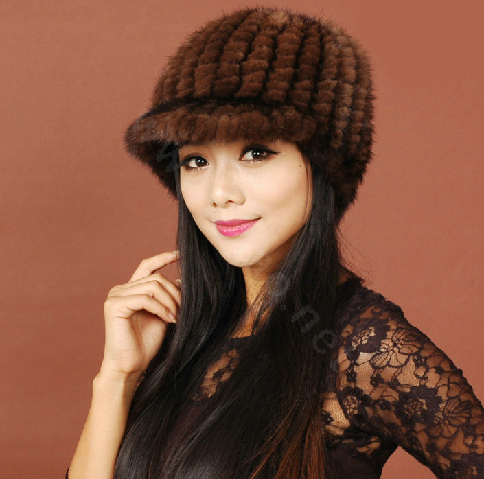 Women Knitted Mink hair Fur Hats Winter Warm Whole Leather Peaked Caps - Brown