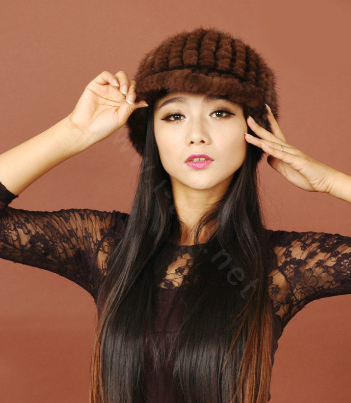 Women Knitted Mink hair Fur Hats Winter Warm Whole Leather Peaked Caps - Brown