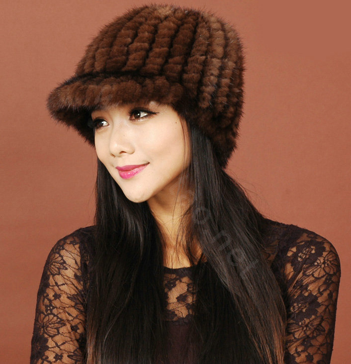 Women Knitted Mink hair Fur Hats Winter Warm Whole Leather Peaked Caps - Brown