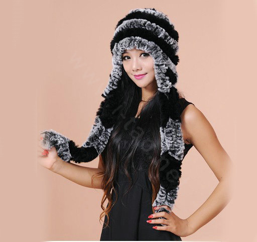 Women Knitted Rex Rabbit Fur Hats Thicker Winter Ear protector Scarf Warm Caps - Black Grey