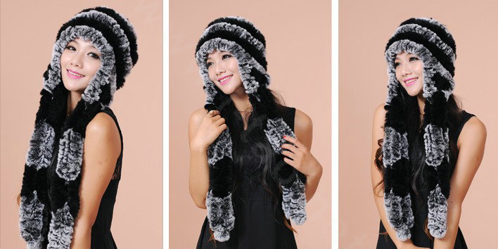 Women Knitted Rex Rabbit Fur Hats Thicker Winter Ear protector Scarf Warm Caps - Black Grey